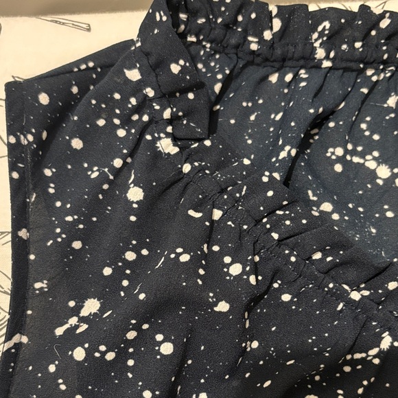 Ann Taylor Navy and White Splatter Blouse Button Detail &Subtle Ruffle Neckline - Picture 4 of 7